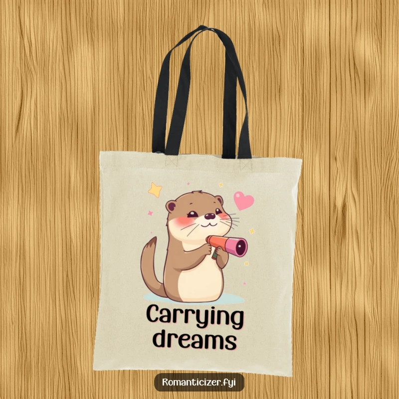 Funny tote bag, an otter humorously gazing at stars through a heart-shaped telescope, perfect for carrying daily items and dreams.