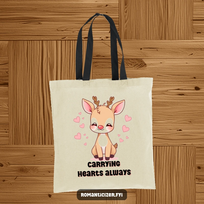 Funny deer kiss tote bag with a gentle deer blowing a kiss surrounded by hearts, perfect for carrying everyday items.