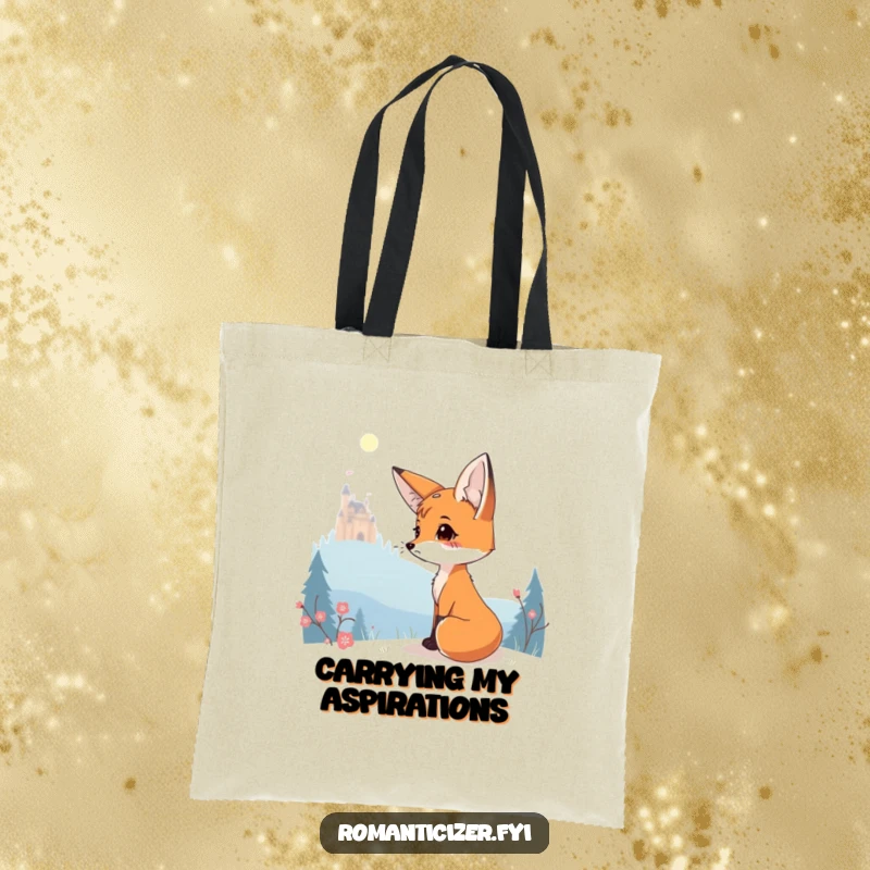 Funny tote bag with a charming fox wistfully gazing at a distant, glowing magical castle.