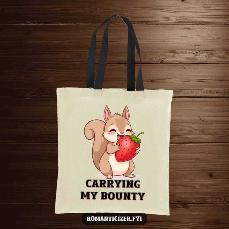 Funny squirrel tote bag illustrating a squirrel sharing an oversized strawberry, a humorous and practical accessory.