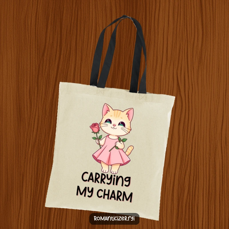 Funny tote bag with a graceful cat in a dress presenting a single rose, ideal for carrying necessities with style.
