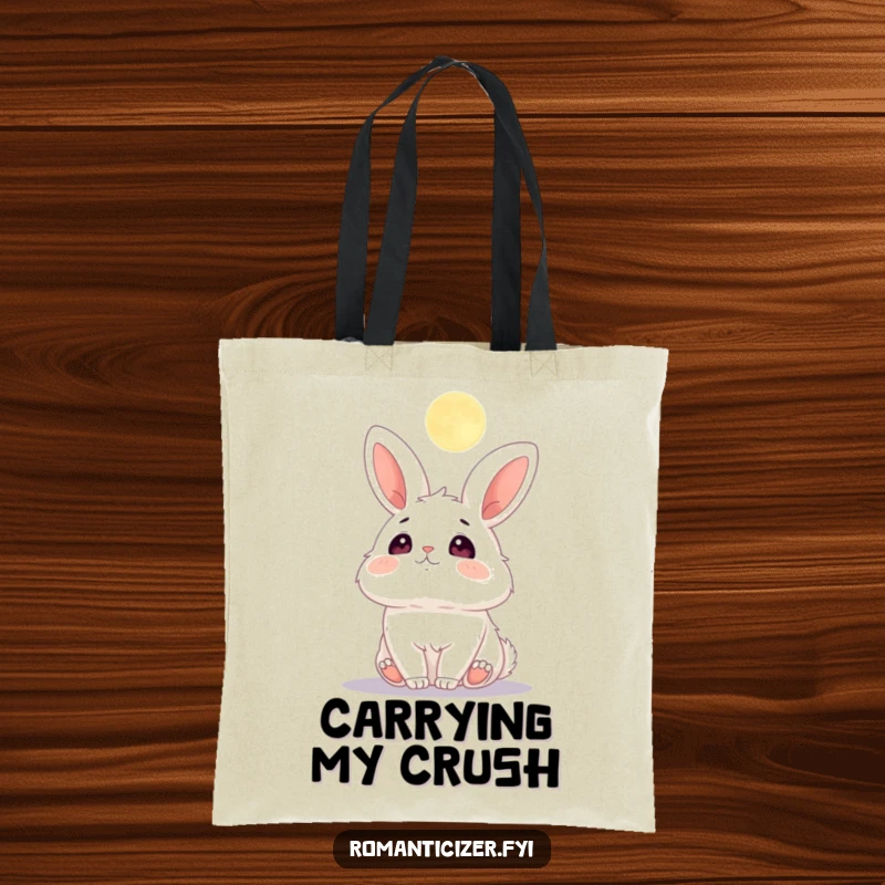 Funny tote bag featuring a fluffy bunny with adoring eyes gazing up at a beautiful moon.