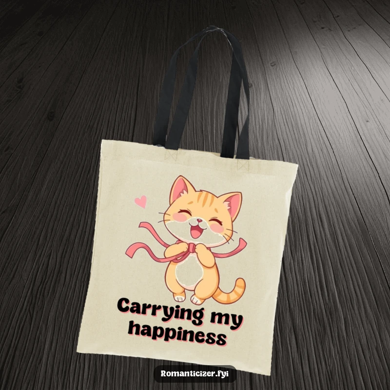Funny cat tote bag showing a playful cat happily twirling with a ribbon, mid-sigh of pure joy. A chic and whimsical accessory.