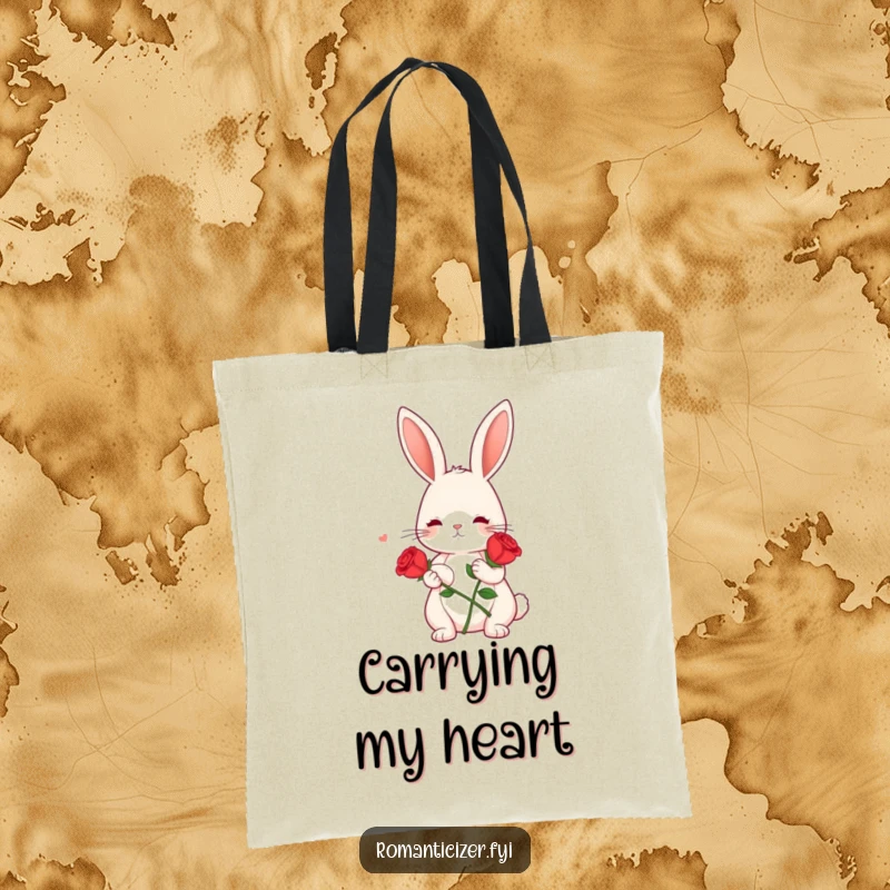 Funny tote bag with a cute bunny holding a red rose and looking dreamy, ideal for carrying items with romantic humor.