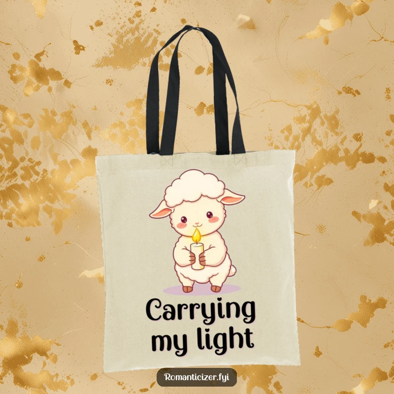 Funny sheep tote bag holding a lit candle, casting a soft romantic glow, ideal for carrying essentials with a touch of whimsy.