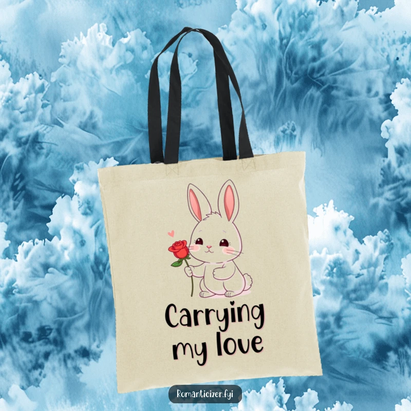 Funny Shy Rabbit Rose Tote Bag: A shy rabbit offers a red rose, blushing hopefully, practical and sweet.