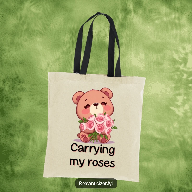 Funny Bear Tote Bag: A cute bear holding roses looks dreamily upwards, radiating love and sweet charm.