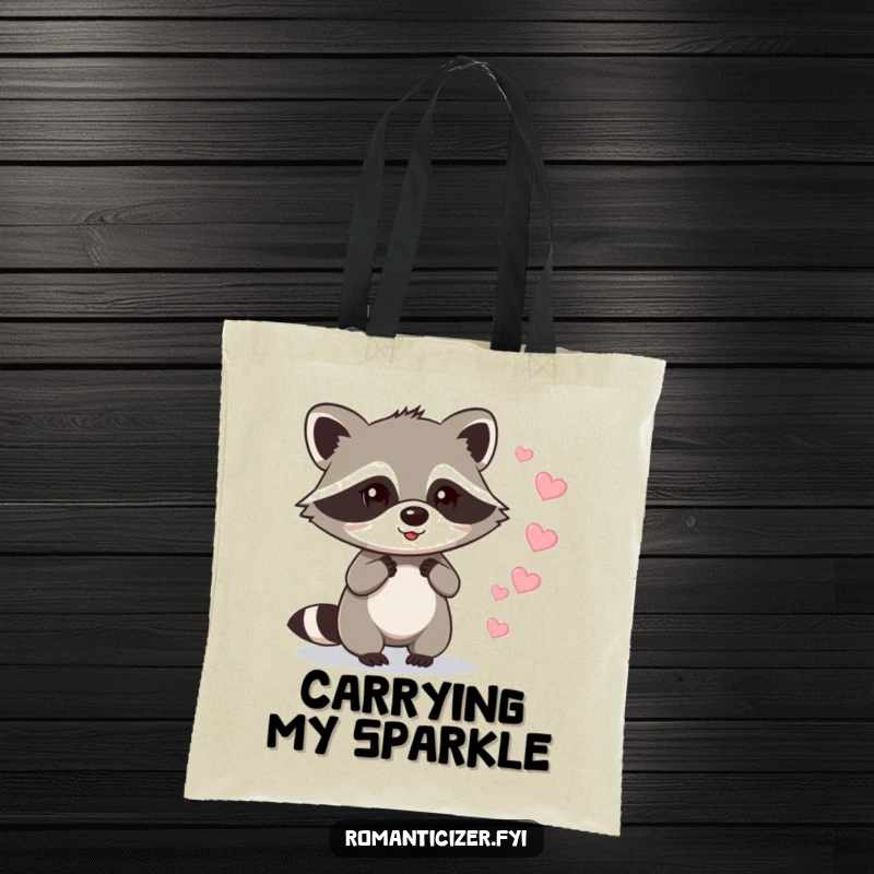 Funny raccoon tote bag illustrating a raccoon leaving a path of sparkling hearts, a charming and funny accessory.