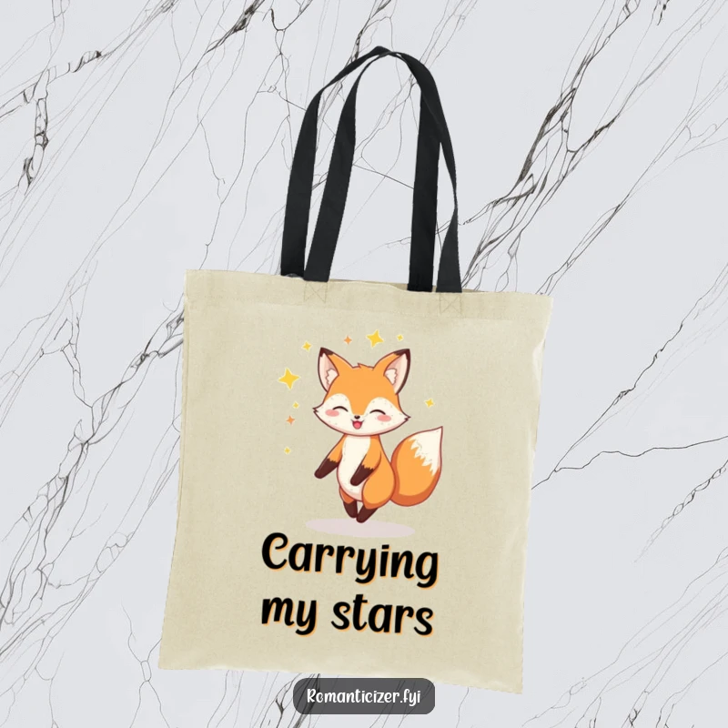 Funny Fox Tote Bag: A cheerful fox twirls surrounded by stars, bringing whimsical magic and sparkle everywhere.
