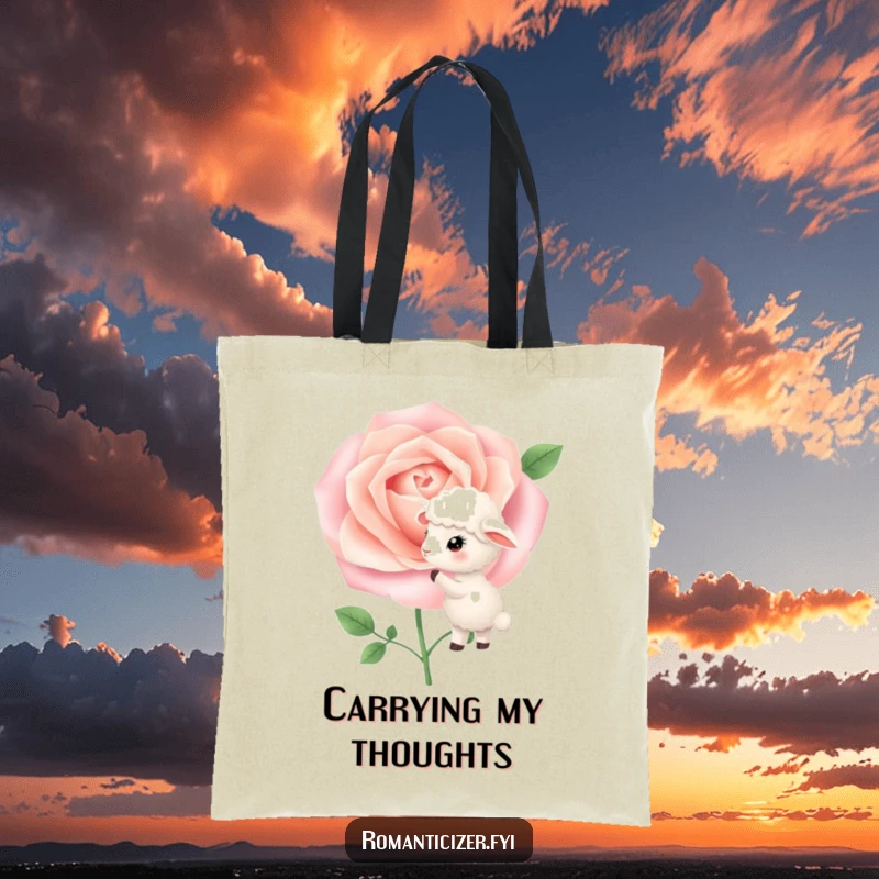 Funny Tote Bag illustrating a sheep whispering secrets into a blooming rose, perfect for carrying everyday items with charm.