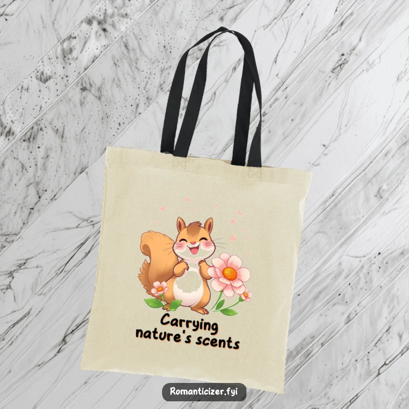 Funny Squirrel Tote Bag featuring a joyful squirrel showering a flower with perfume, a charming accessory.
