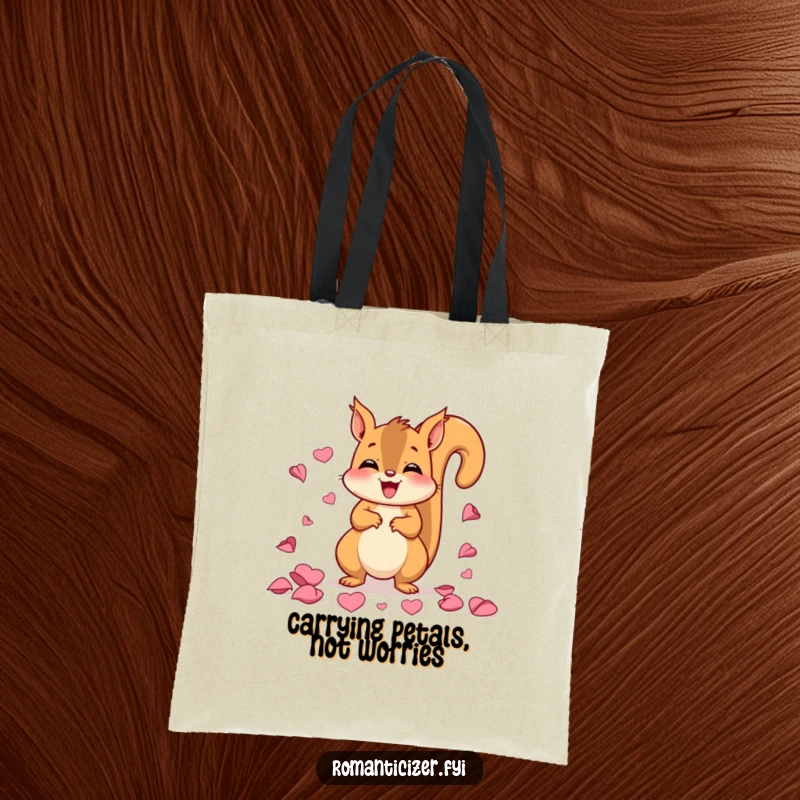 Funny tote bag featuring a happy squirrel scattering rose petals with a delighted expression, perfect for stylish, joyful carrying.