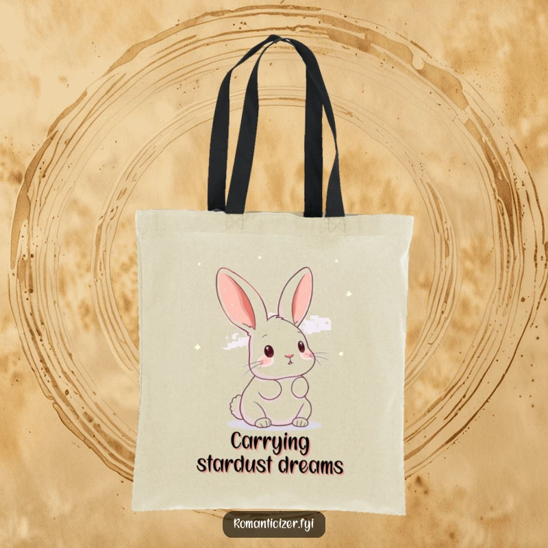 Funny rabbit tote bag with a curious bunny looking up at a sky filled with small, twinkling stars, perfect for carrying essentials.