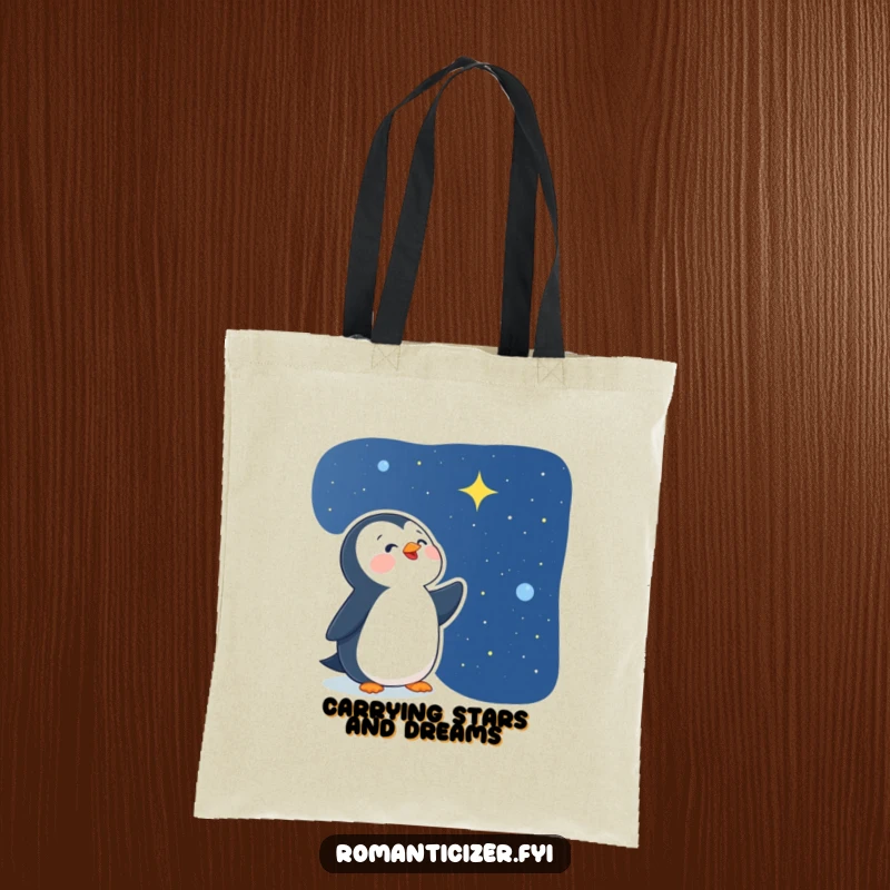 Funny delighted penguin tote bag featuring a happy bird looking at a starry night sky, ideal for carrying essentials with a sense of wonder.