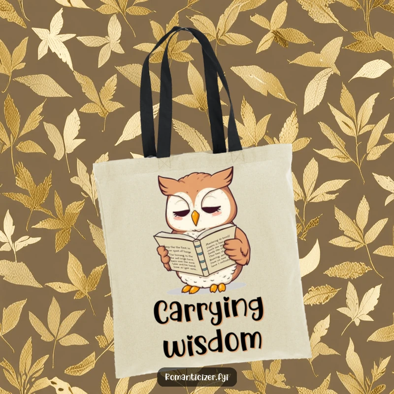Funny owl tote bag showing a whimsical owl reading sonnets aloud, perfect for carrying books with literary flair.