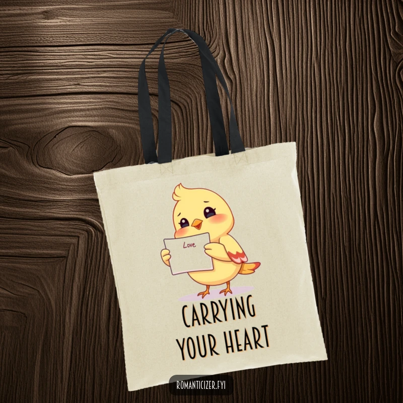 Funny tote bag with a happy small bird presenting a love letter, perfect for carrying essentials with a smile.