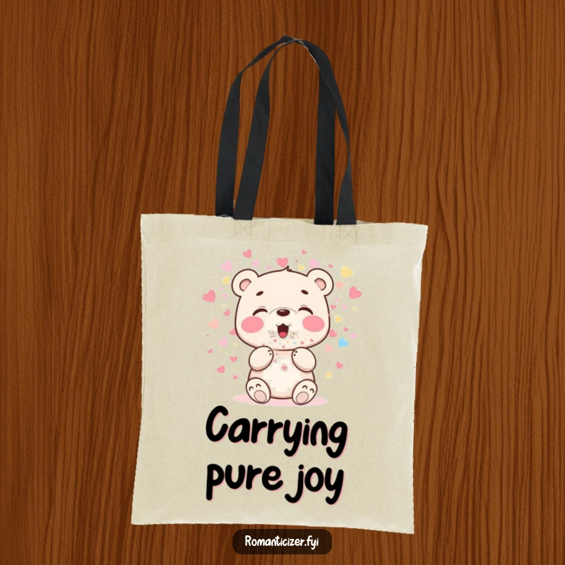 Funny bear cub tote bag with a cheerful cub blowing a stream of sparkling heart confetti, perfect for party supplies.