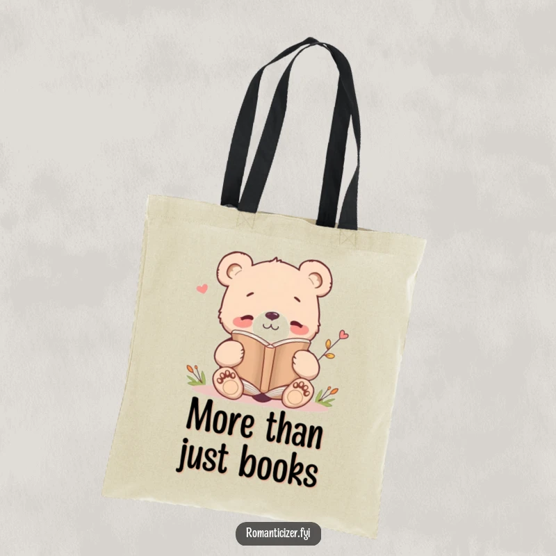 Funny tote bag featuring a bear cub smiling while reading a poetry book, ideal for carrying books and everyday essentials.