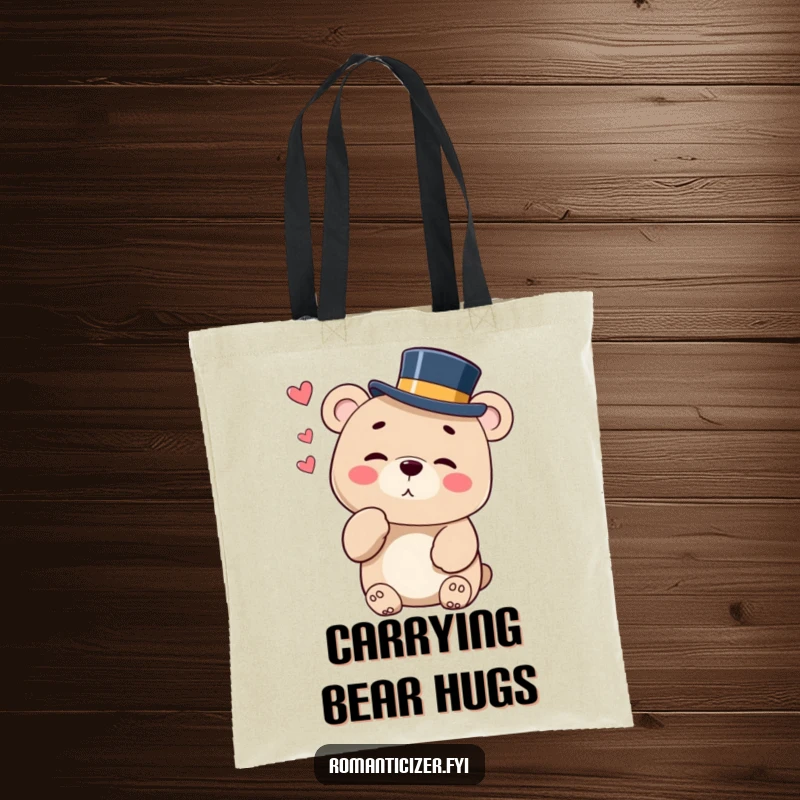 Funny tote bag with a bear in a top hat blowing a kiss and winking, perfect for carrying essentials.