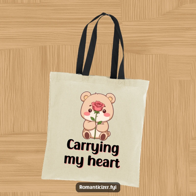 Funny tote bag showcasing a small bear with a dreamy expression, offering a single perfect rose.