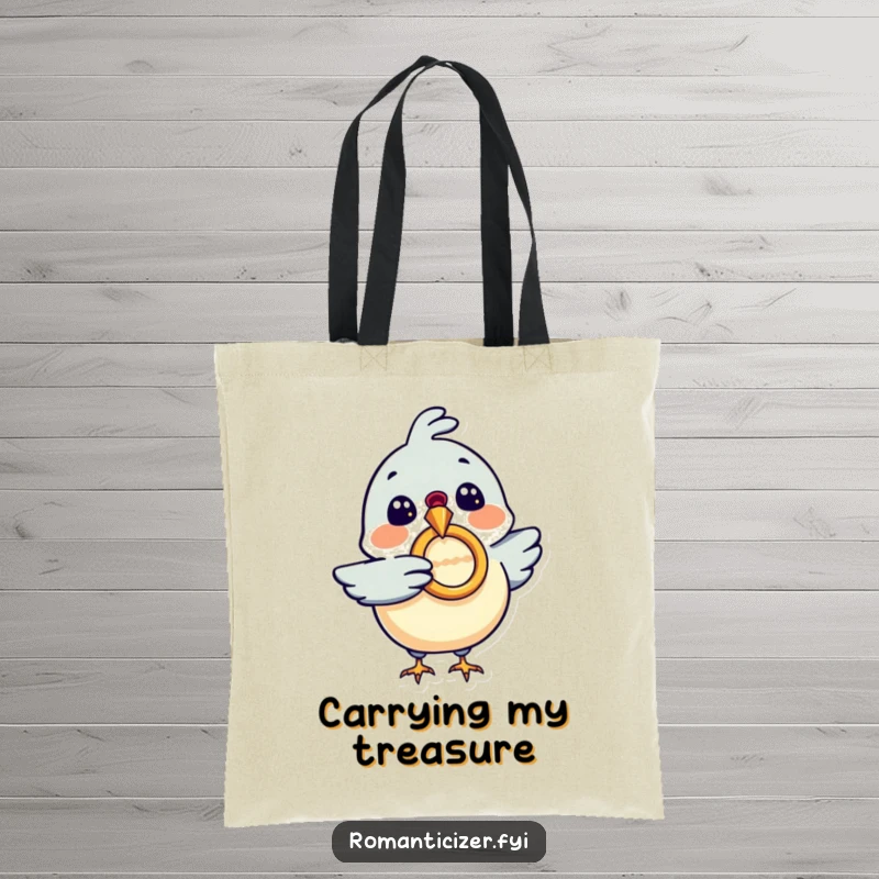 Funny tote bag featuring an excited bird with a diamond ring in its beak, great for shopping and everyday use, a funny gift.