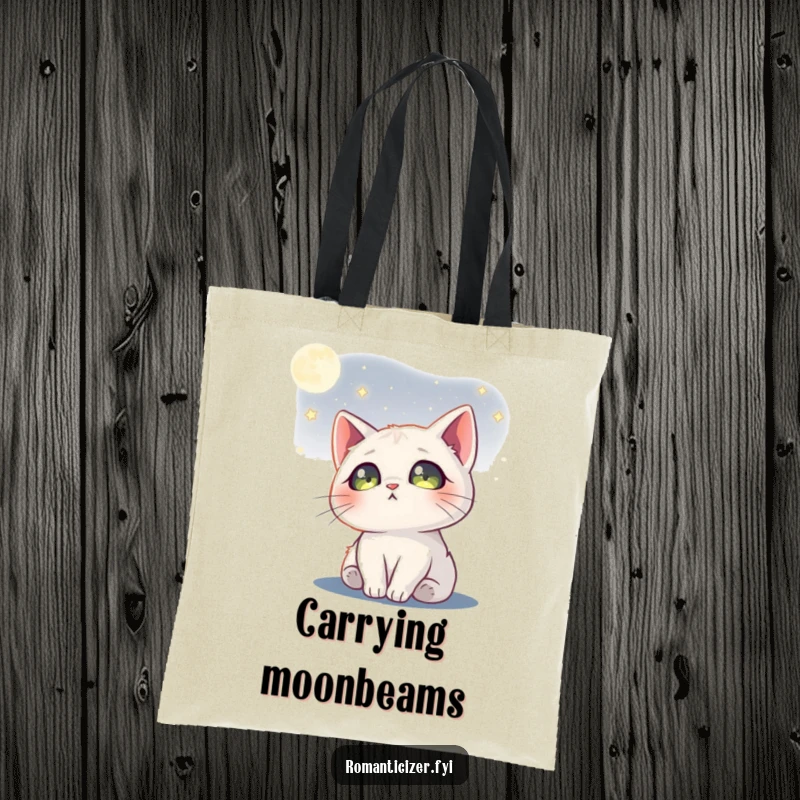 Funny cat moon tote bag with a dreamy cat gazing at the moon, stars visible in its eyes, for everyday magic.