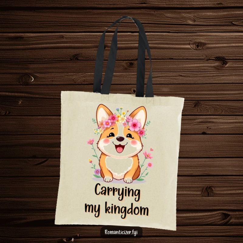 Funny Tote Bag showcasing a happy corgi wearing a crown of wildflowers, smiling sweetly, perfect for carrying essentials in style.