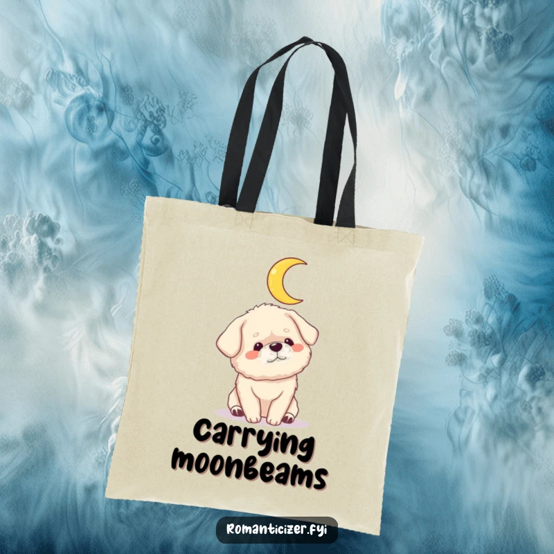 Funny dog moon tote bag with a fluffy dog gazing adoringly at a crescent moon. Charming and humorous accessory.