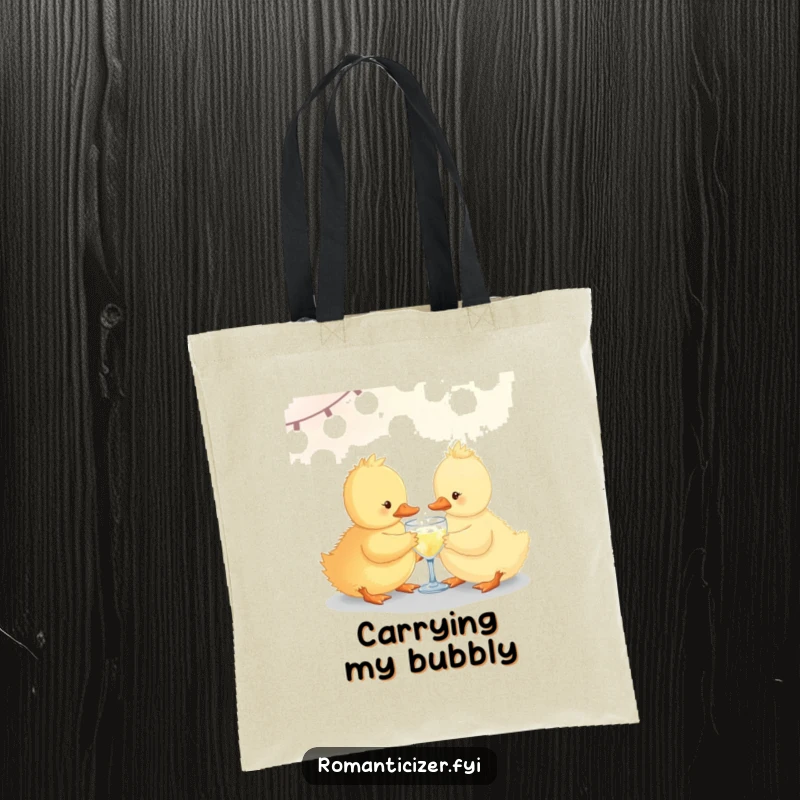 Funny duckling tote bag sharing a small sparkling drink under soft lights, ideal for carrying goodies with a cheerful vibe.