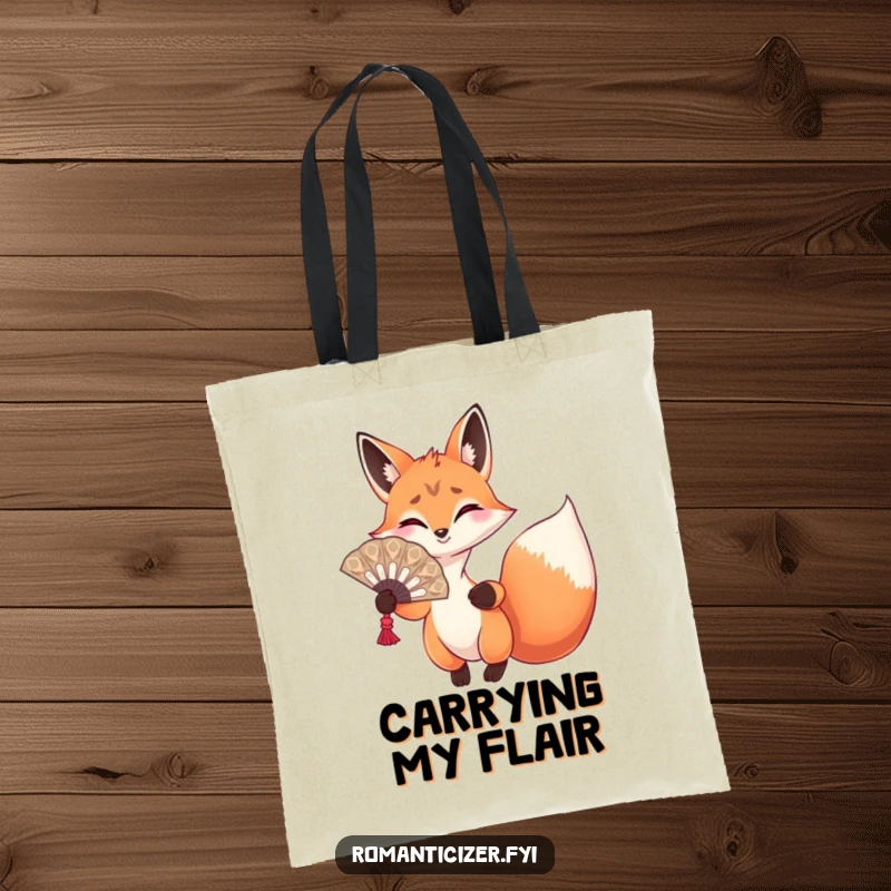 Funny fox tote bag with a playful fox holding a large fan and gesturing dramatically, ideal for carrying essentials with style.