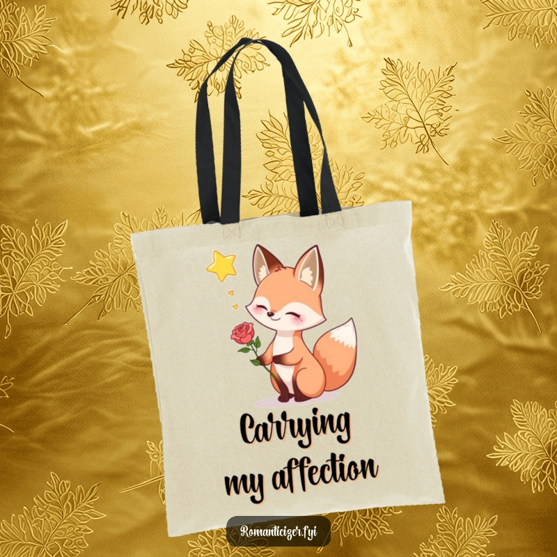 Funny fox tote bag, depicting a happy fox holding a single rose and sighing dreamily while looking up at a distant star.