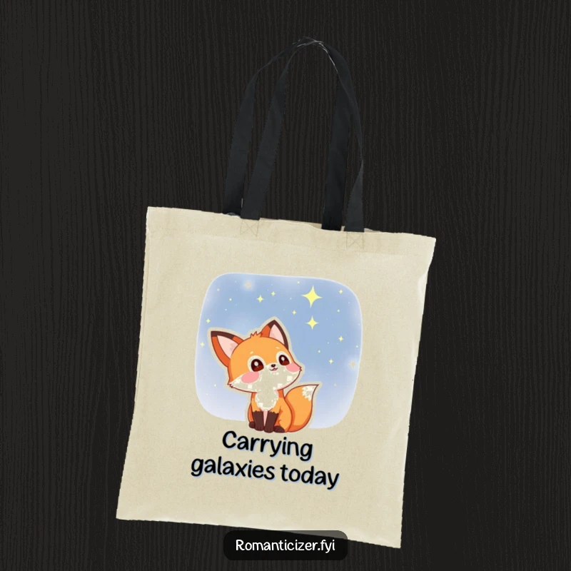 Funny fox tote bag with a delighted fox whose eyes are filled with stars, gazing at the night sky. A chic, celestial carry-all.