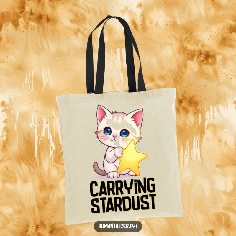 Funny kitten star tote bag with a kitten dramatically posing with a single, glowing star. Charming and humorous accessory.