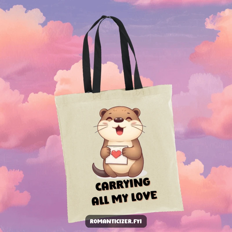 Funny Otter Tote Bag with a happy otter clutching a small love letter, a cute and functional accessory.