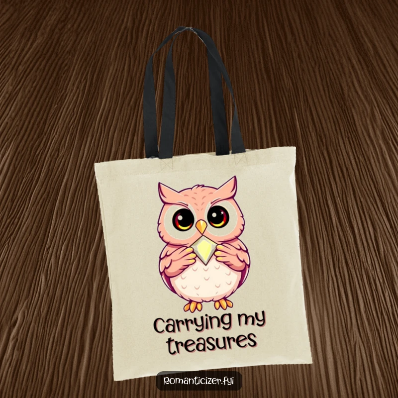 Funny tote bag with a happy owl proudly presenting a glittering, perfectly crafted jewel, embodying refined humor.