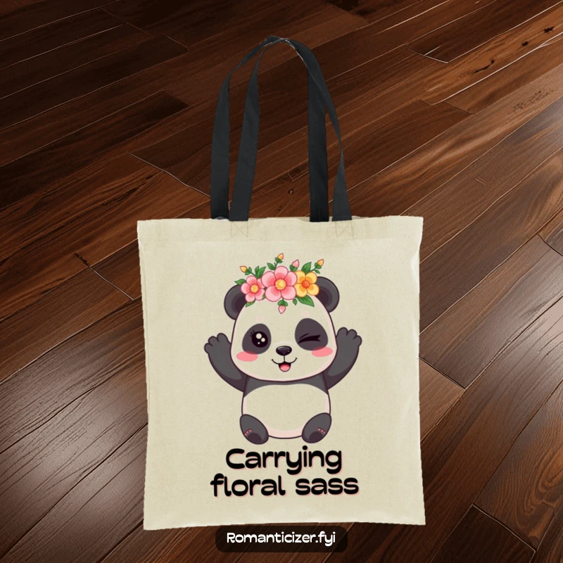 Funny tote bag featuring a playful panda in a flower crown, winking coyly, ready to carry your items with style.