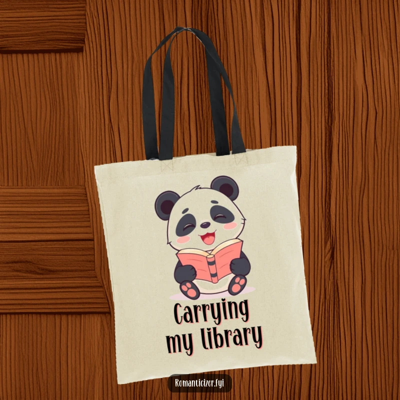 Funny Panda Tote Bag featuring a giggling panda with a radiant smile reading poetry, a stylish carry-all for book lovers.
