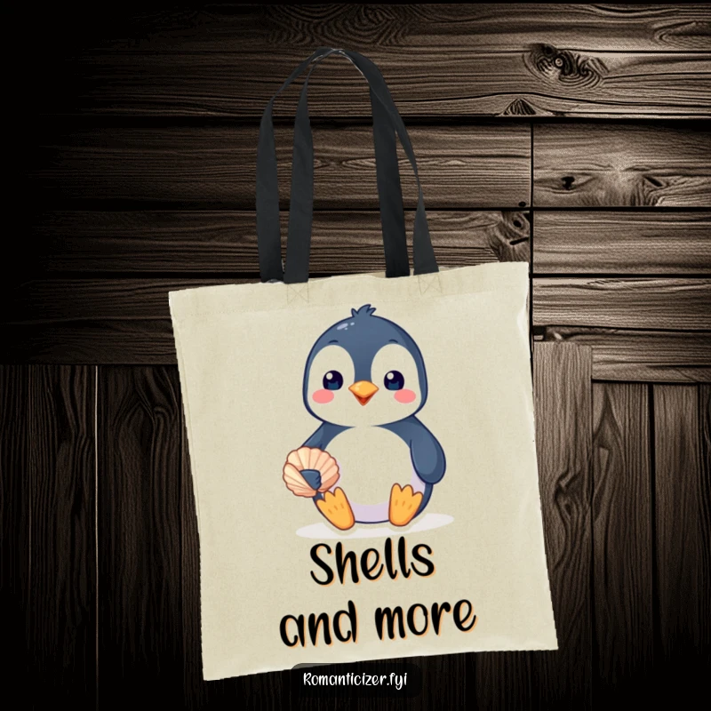 Funny penguin tote bag depicting a bird offering a seashell with a loving smile, perfect for carrying items with humor. Cute gift.
