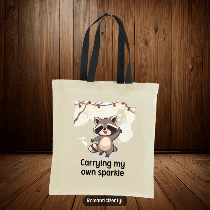 Funny Tote Bag showcasing a happy raccoon having a blast dancing under shimmering fairy lights, perfect for everyday use.