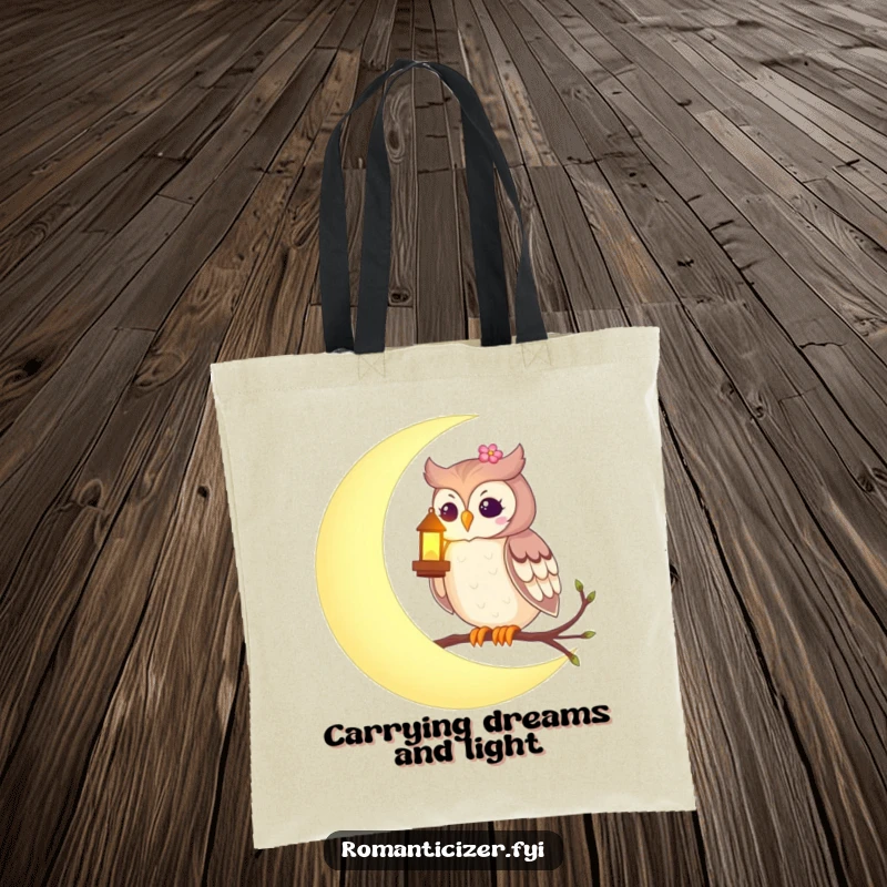 Funny tote bag showcasing a romantic owl on a crescent moon, holding a glowing lantern, a magical accessory for carrying essentials.