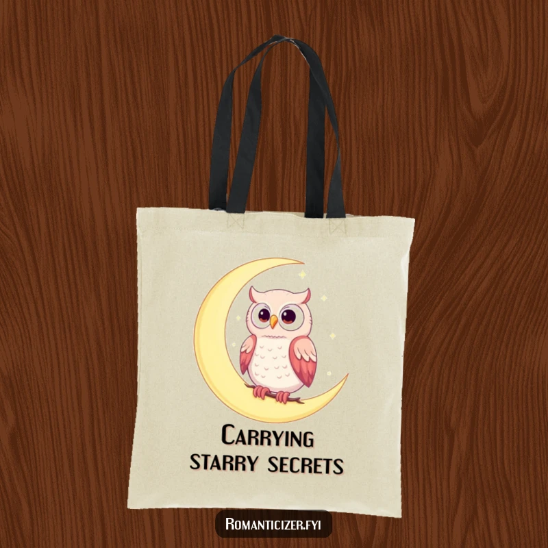 Funny tote bag with a romantic owl perched on a moon under a starry sky, embodying whimsical celestial romance.