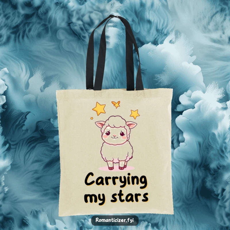 Funny sheep tote bag showing a content sheep gazing at two intertwined stars, perfect for carrying peaceful thoughts.