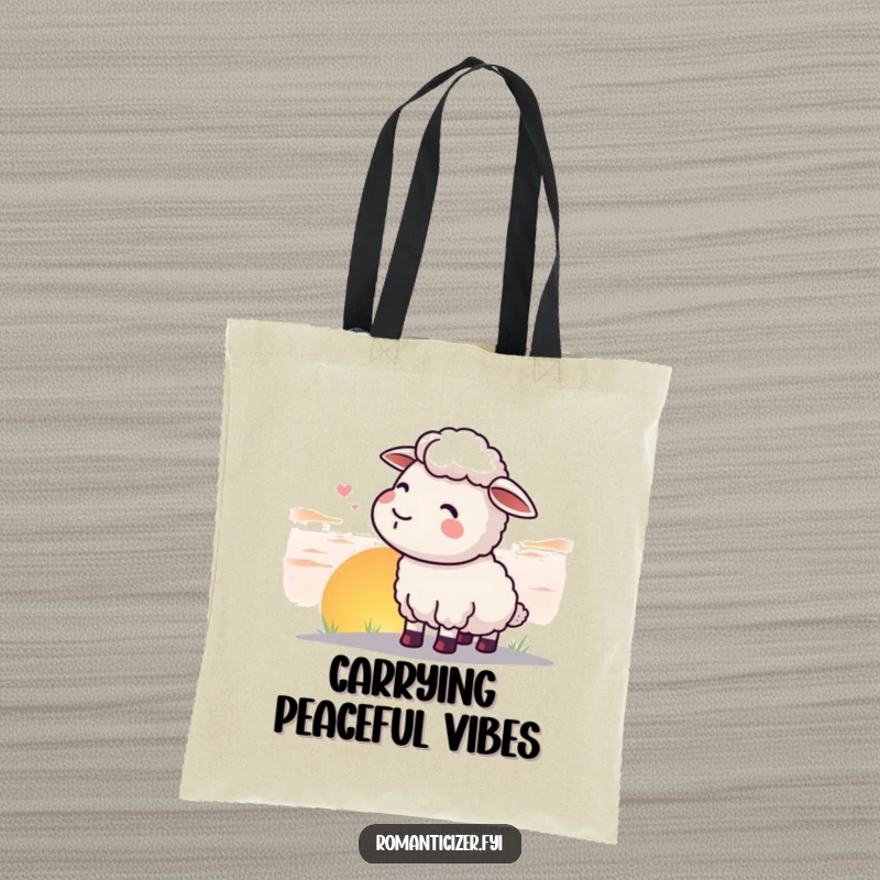 Funny sheep tote bag illustrating a contented sheep watching a beautiful sunset, a charming and funny accessory.