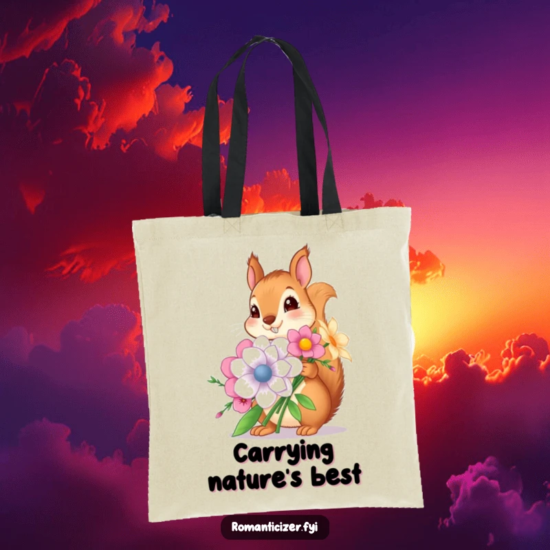 Funny tote bag featuring a cheerful squirrel with a huge flower bouquet, practical and humorous, ideal funny gift for shoppers.