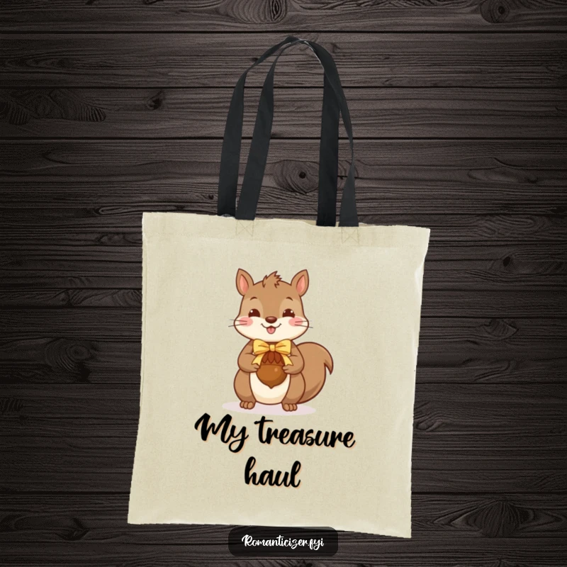 Funny squirrel tote bag showing a charming squirrel offering a ribbon-adorned acorn, perfect for carrying essentials with a smile.
