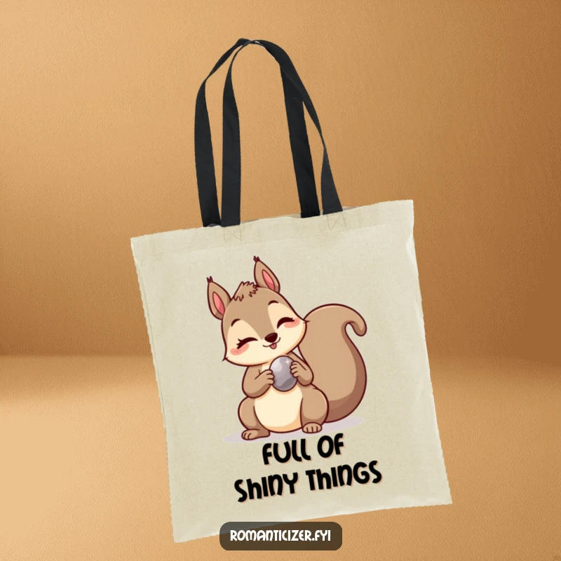 Funny tote bag with a mischievous squirrel winking and offering a shiny pebble, perfect for carrying everyday items with flair.