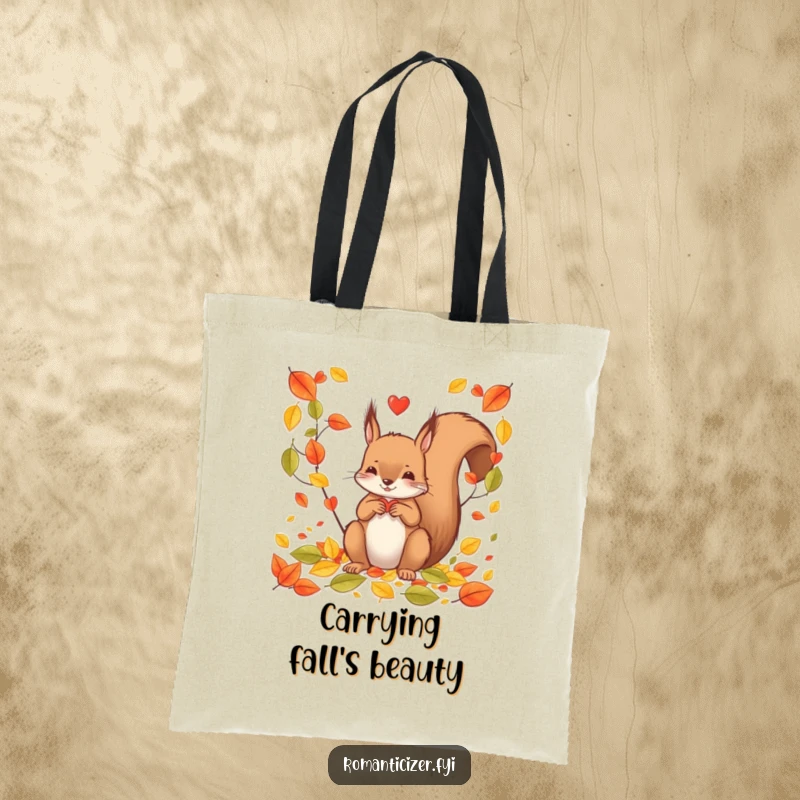 Funny squirrel working on a tote bag, arranging fallen leaves into a decorative heart, perfect for shopping trips and nature lovers.