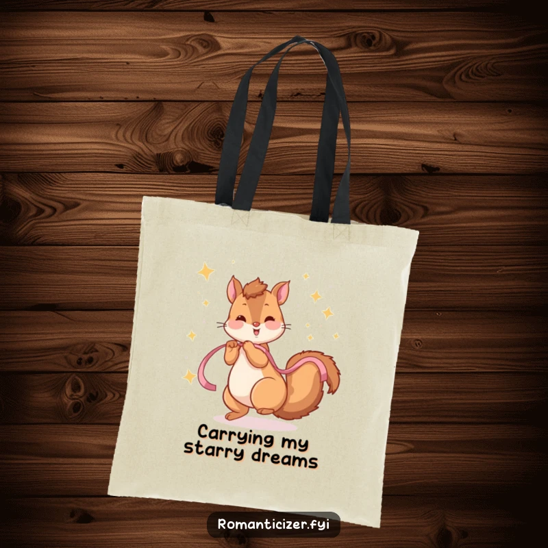 Funny tote bag with a playful squirrel twirling with a ribbon, surrounded by a magical constellation of sparkling stars.