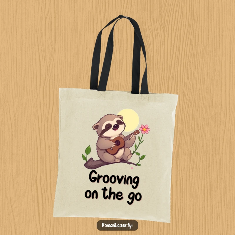 Funny tote bag, a sloth humorously playing a guitar to serenade a flower under the moonlight, perfect for carrying daily items.