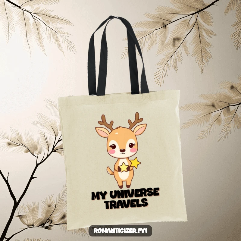 Funny tote bag showing a sweet deer holding hands with a tiny star, perfect for carrying essentials with charm.